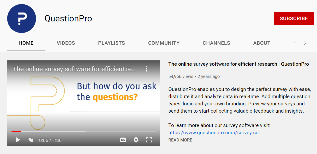 A screencap of the QuestionPro Youtube channel. 