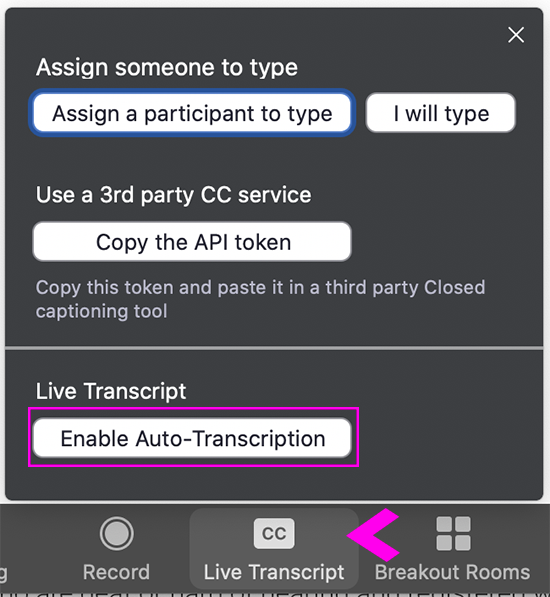 Screenshot of Zoom's Live Transcript button and Enable Transcript popup